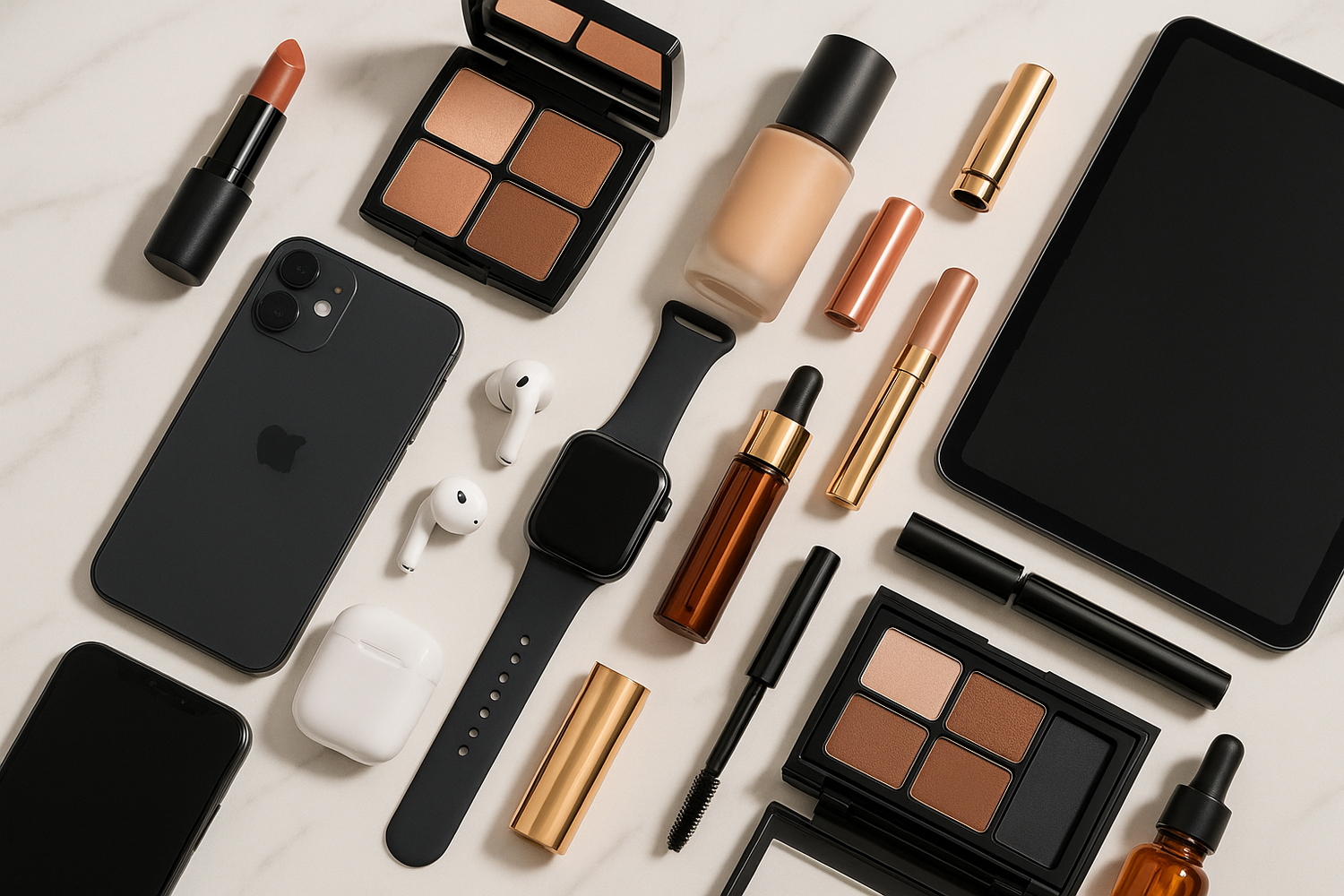 gadgets and cosmetics products in one images