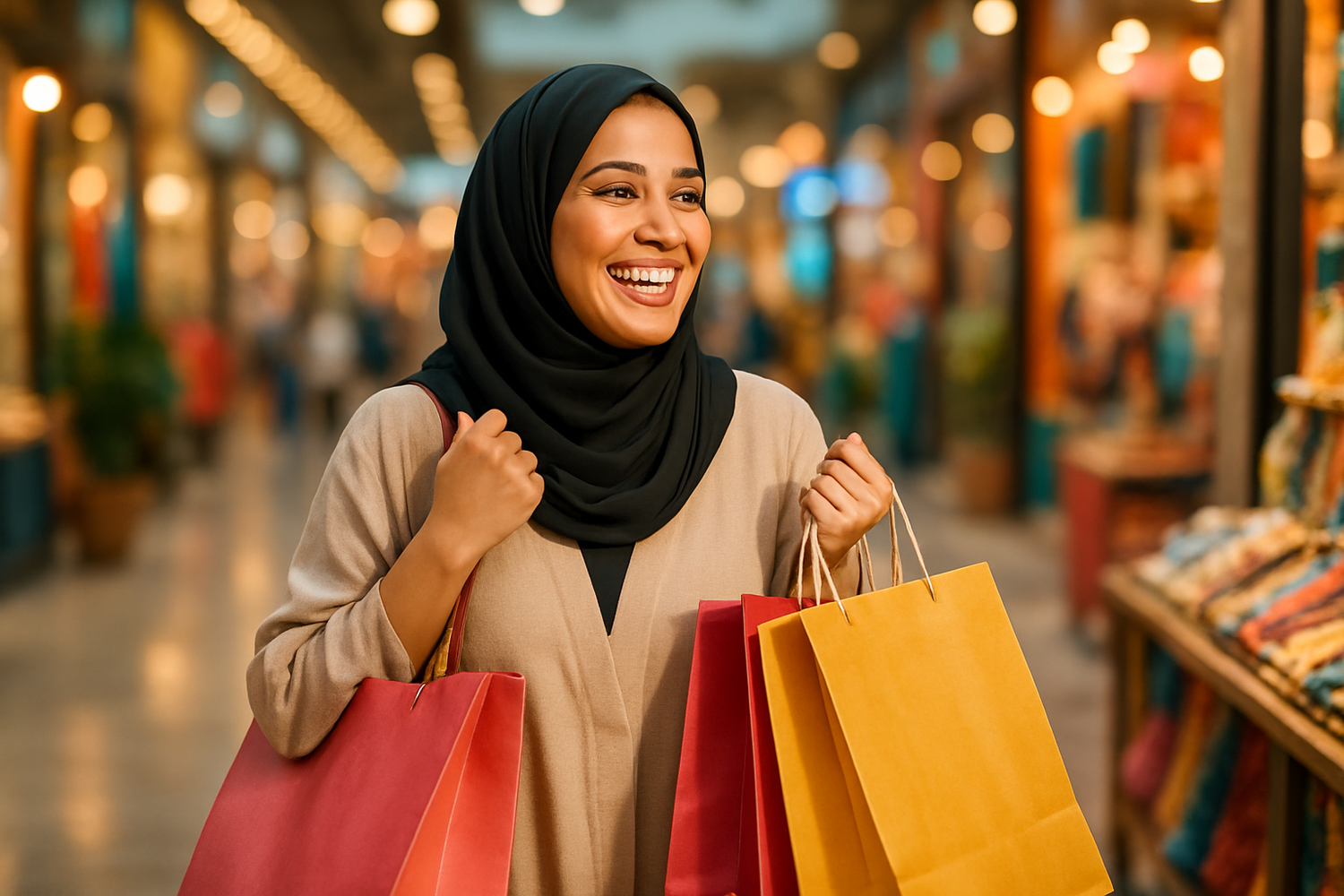 happy arabic woman shopping 